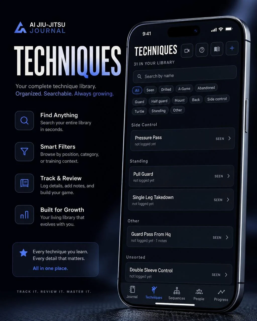 AI Jiu-Jitsu Journal — the Techniques library: search, smart filters by position, and per-technique logging.
