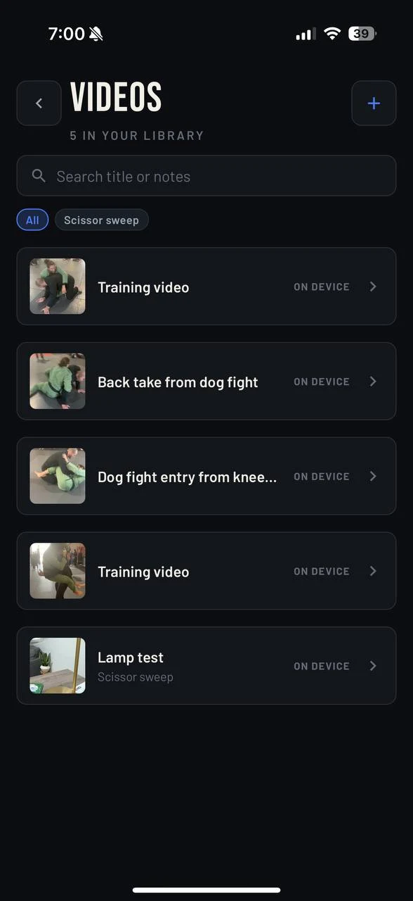 The Journal's video library, showing saved training clips