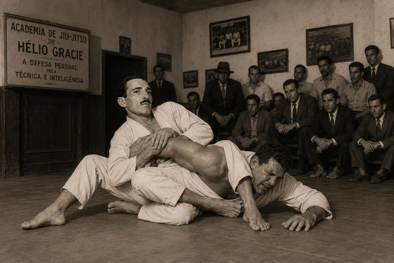 A jiu-jitsu demonstration before a seated audience in a Brazilian academy