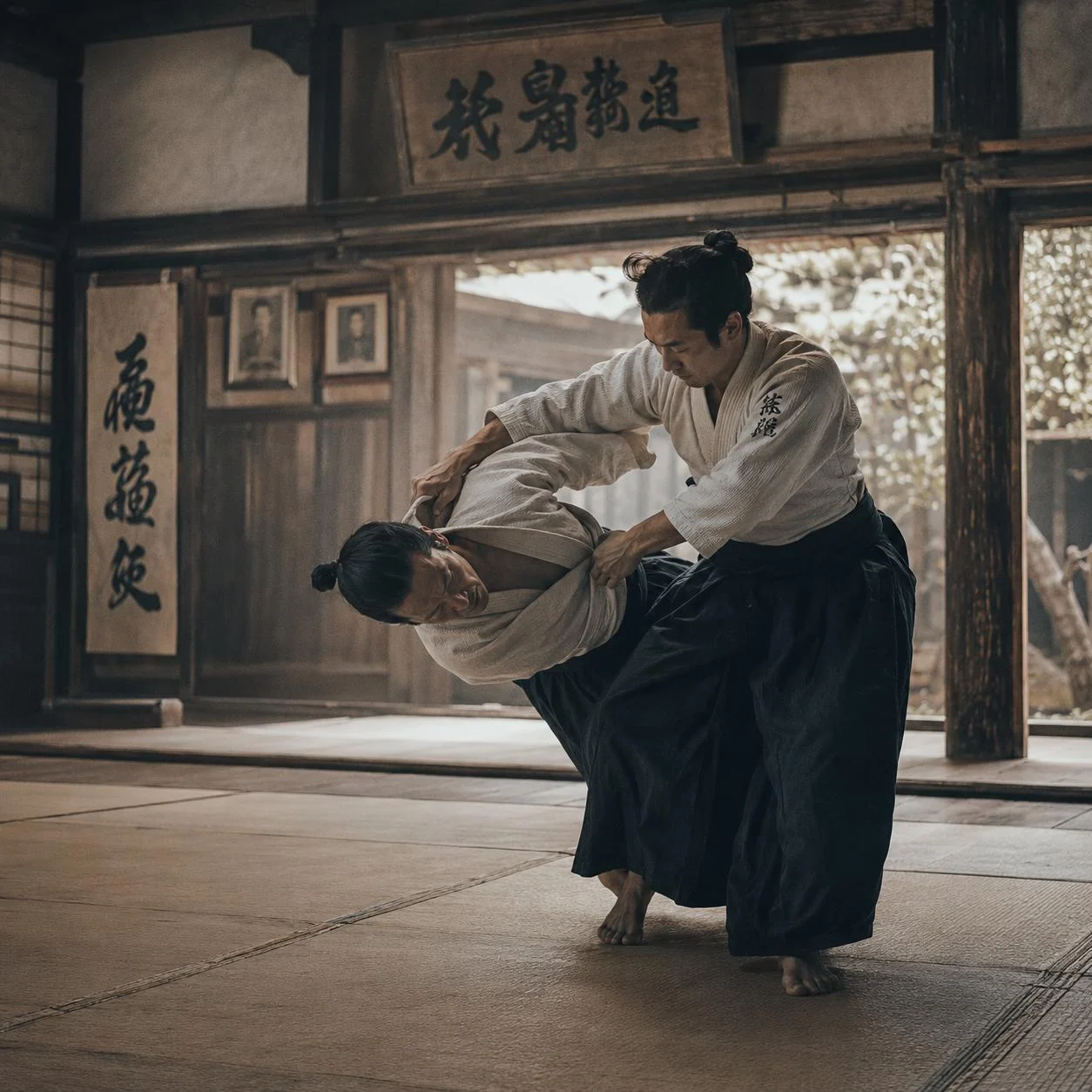 Two practitioners in a traditional Japanese dojo, one executing a throw