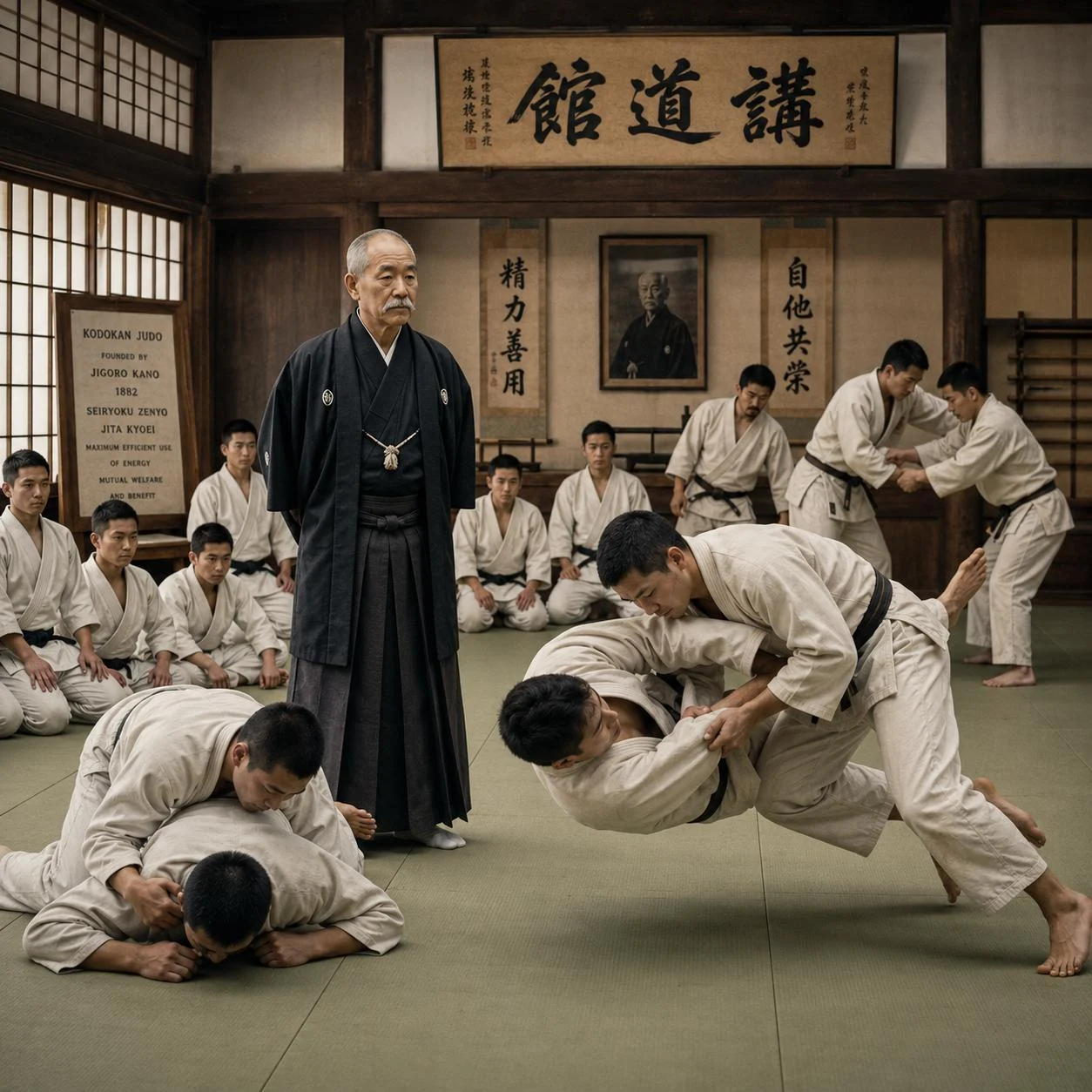 A judo instructor overseeing students training in a Kodokan-era hall