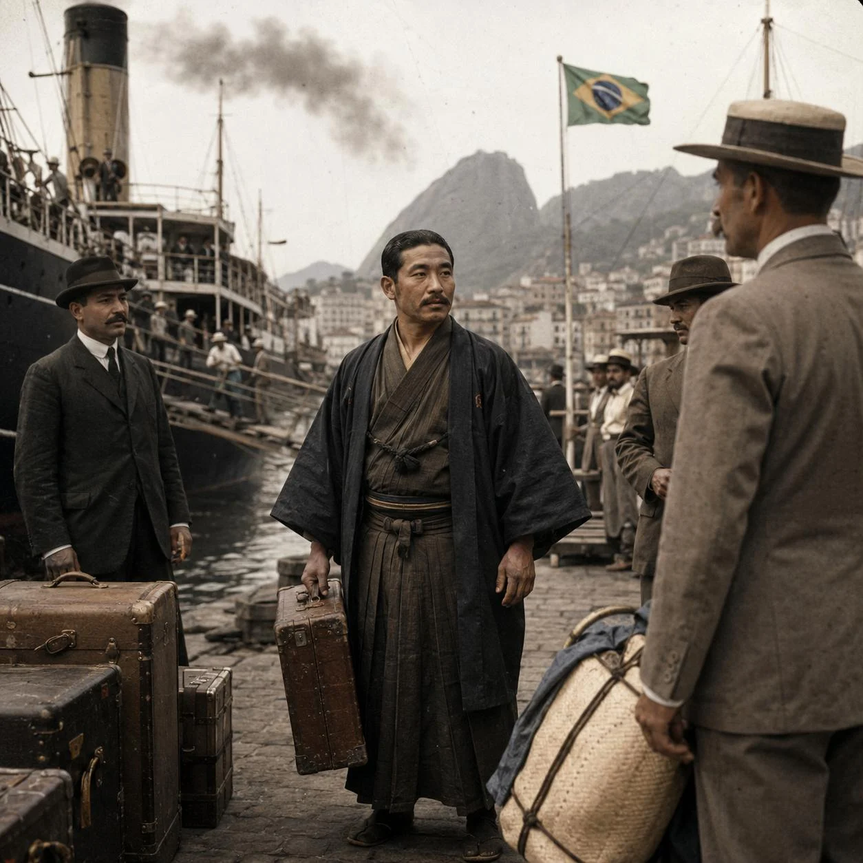 A Japanese traveller arriving at a Brazilian port in the early 1900s