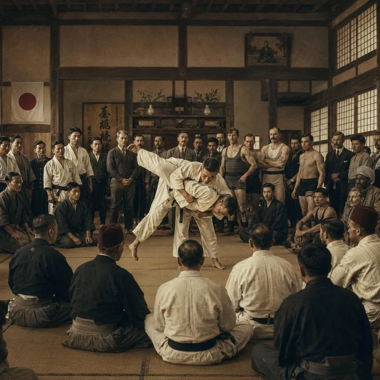 A grappling demonstration before a mixed international audience