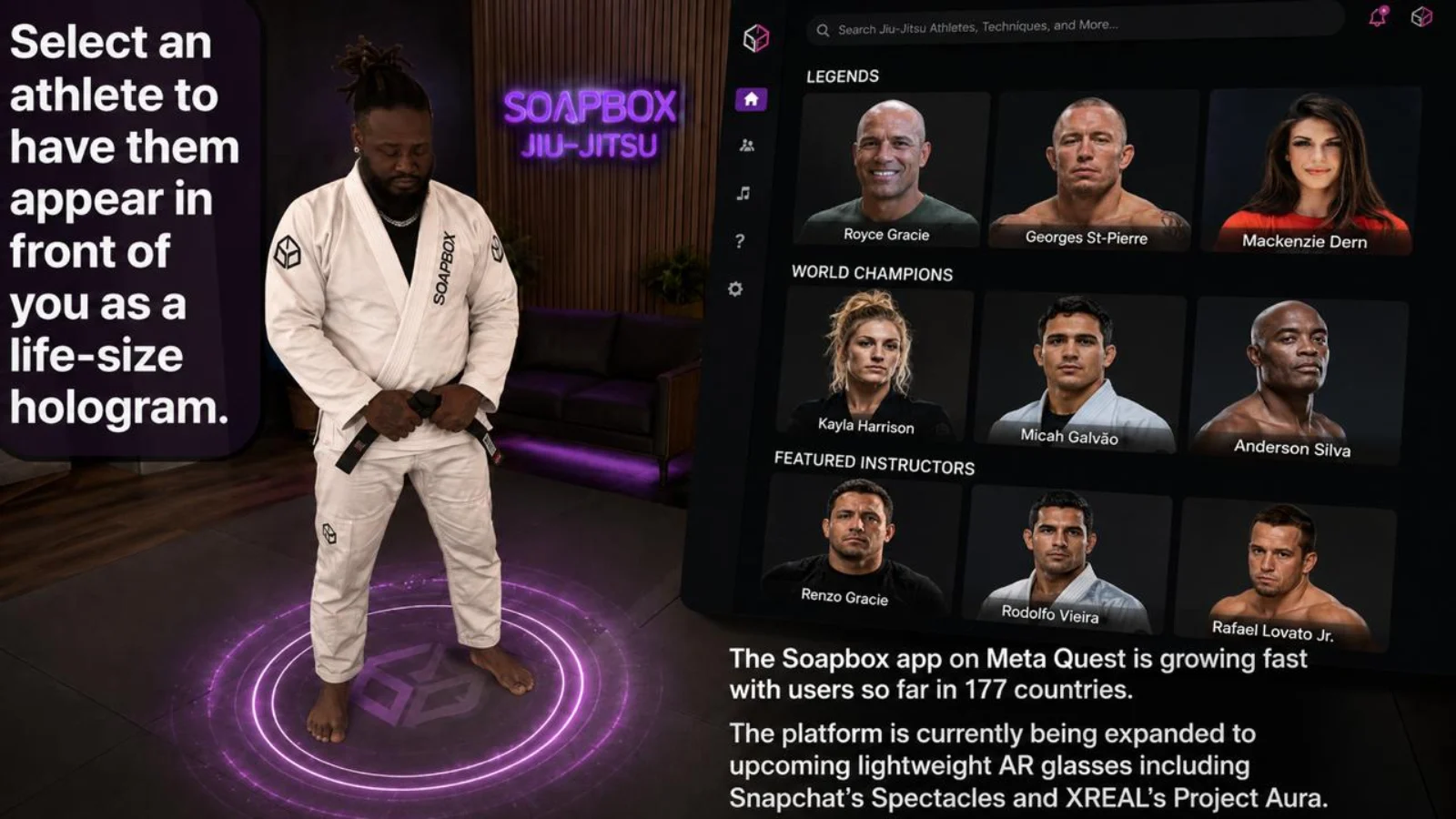 The Soapbox Jiu-Jitsu app — pick an athlete and have them appear in front of you as a life-size hologram