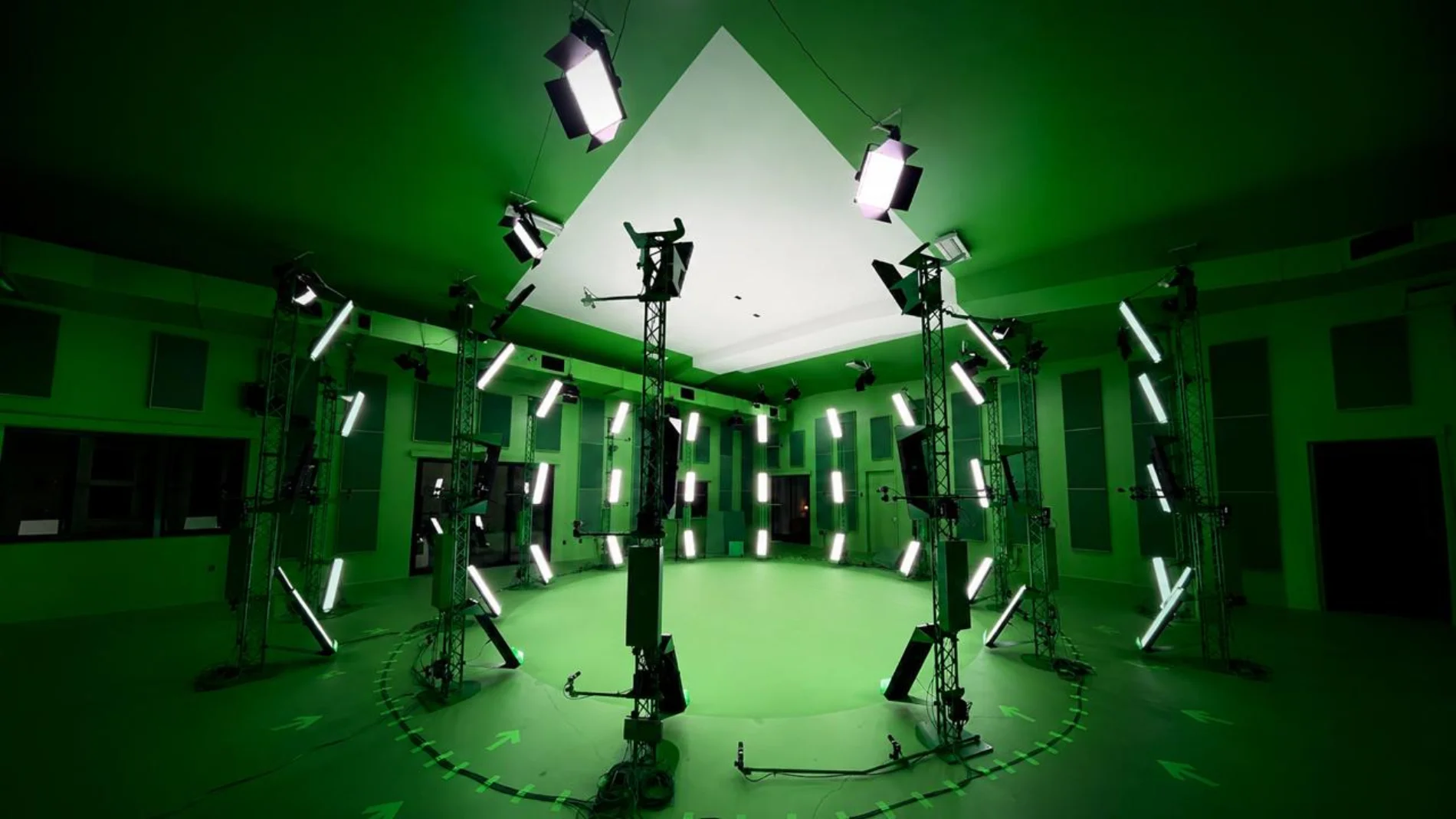 Soapbox's volumetric capture studio — a full ring of synchronised cameras and lights surrounding the capture floor